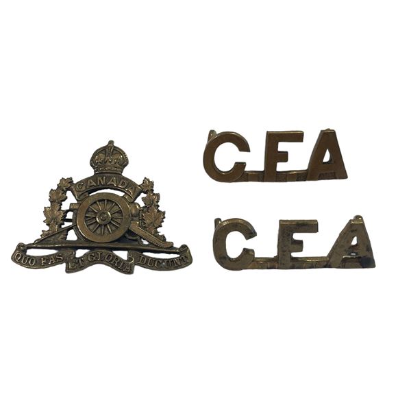 WW1 CEF Canadian Field Artillery Cap & Shoulder Title Badge Lot