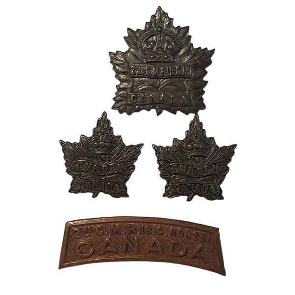 WW1 CEF 2nd Canadian Mounted Rifles (BC Horse) Cap, Collar & Shoulder Title Badge Lot