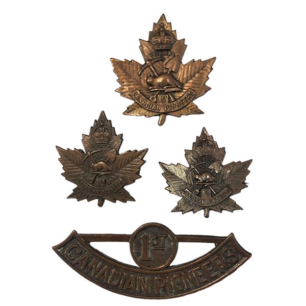 WW1 CEF 1st Canadian Pioneers, Cap, Collar, Shoulder Title Badge Lot