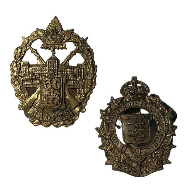 WW2 Royal Canadian Army Ordnance Corps & Mount St Louis Cadet Cap Badge Lot