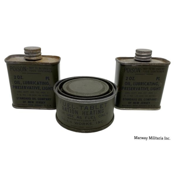 2 WW2-Era-Gun-Belt-Oil-Lubricating-Preservative-Light-2oz-Standard-Can-US-Military & 1 Fuel Tablet R