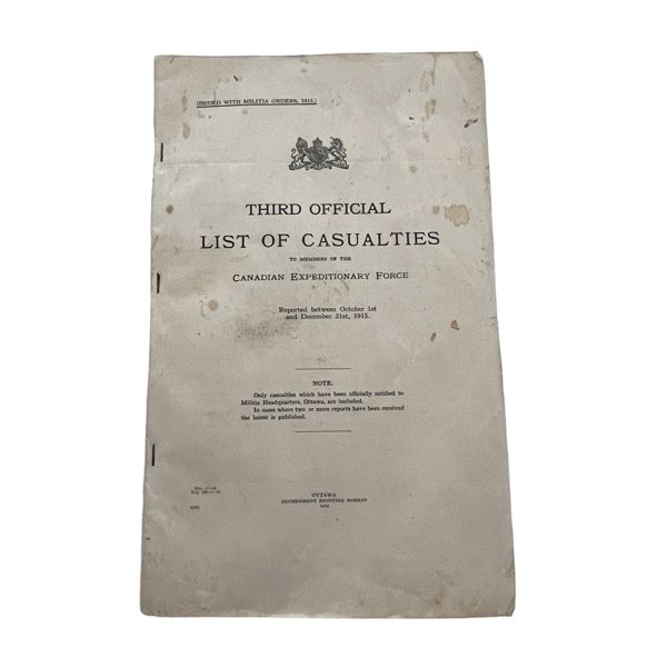 WW1 Third Official List of Casualties to members of the CEF. 