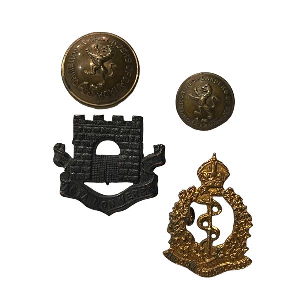 WW1 CEF Cdn Medical Corps Collar Badge, Fort Garry Horse Collar Badge and 43rd Battn Button Lot