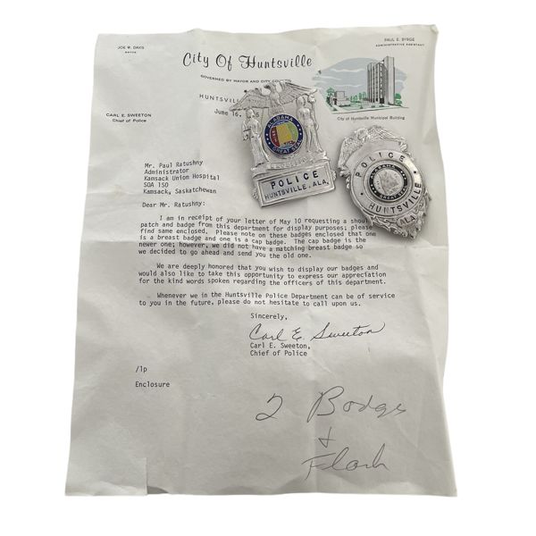 Huntsville Alabama Police Badge Lot with Letter from Chief of Police