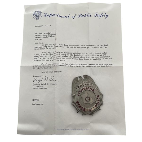 Louisiana State Police TROOPER Badge with Letter from the Department