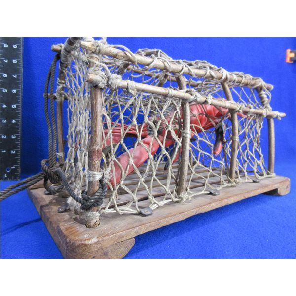 Decorative Lobster Trap with Fake Lobster - 12" x 8" x 7"