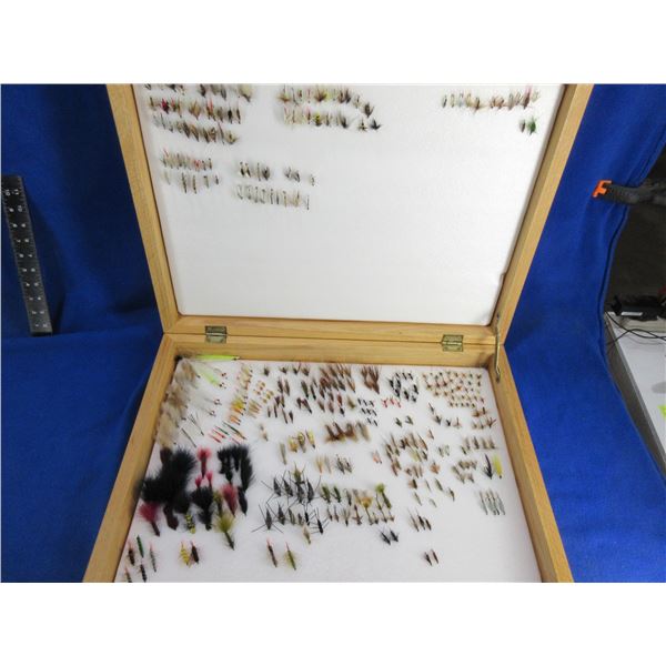 Lot of Approx. 250 Fly Fishing Flies in Wood Box