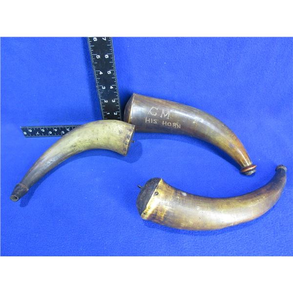 3 Powder Horns - 1 horn has intials C.M. carved in it