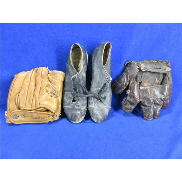 2 Vintage Baseball Gloves and Baseball Shoes with Cleats