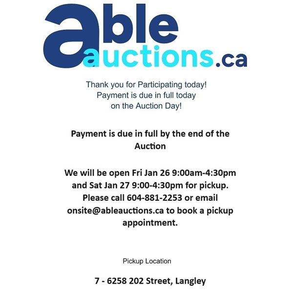 All items must be removed Fri & Sat 9-4:30 by appointment only.