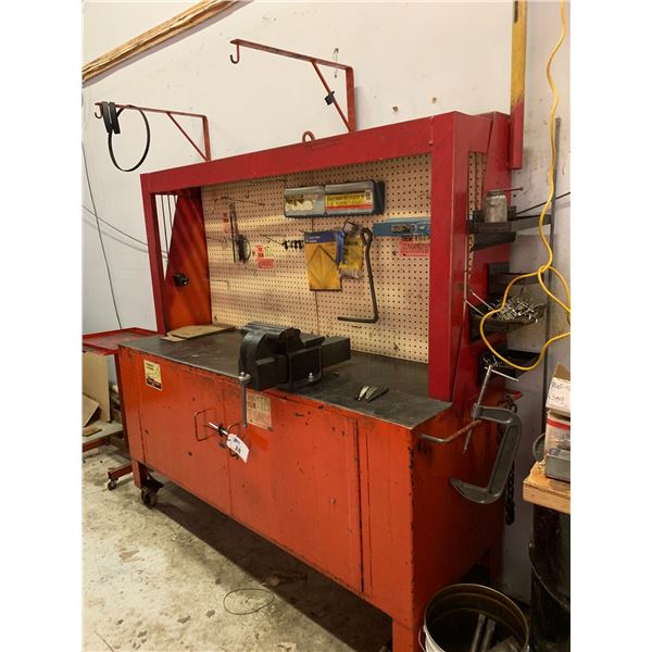 *FL* LARGE METAL ROLLING WORKBENCH WITH LARGE MECHANICS VISE - APPROX. 8FT ACROSS X 6FT