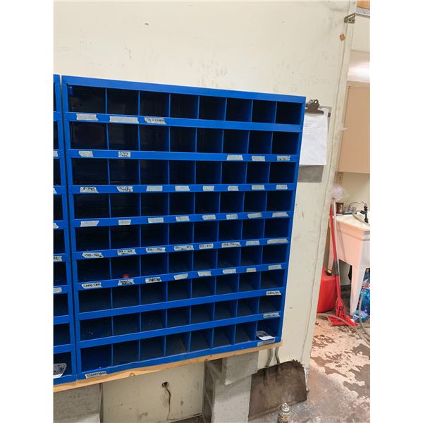 BLUE METAL WALL MOUNT PARTS ORGANIZER UNIT (72 COMPARTMENTS)-APPROX 3FT X 3 1/2FT X 1FT DEEP