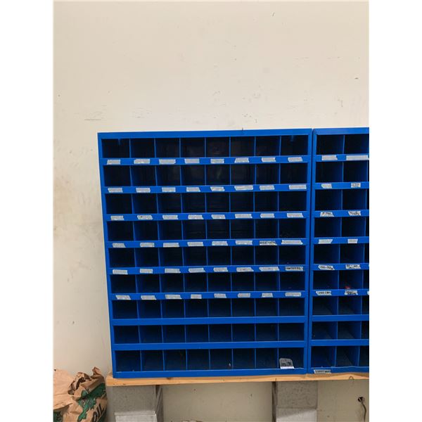 BLUE METAL WALL MOUNT PARTS ORGANIZER UNIT (72 COMPARTMENTS)-APPROX 3FT X 3 1/2FT X 1FT DEEP