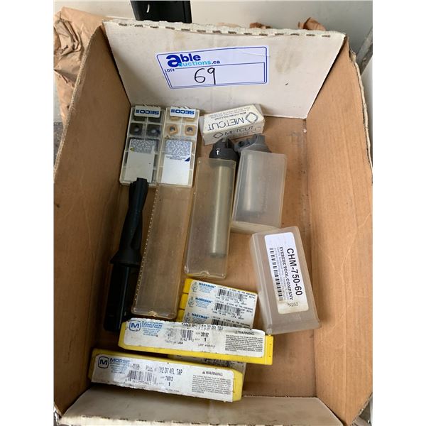 BOX MACHINIST TOOLS - ASSORTED CUTTERS, INSERTS, TAPS