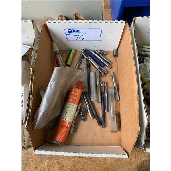 BOX OF MACHINIST TOOLS-ASSORTED TAPS, HELI-COIL REPAIR