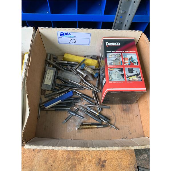 BOX OF MACHINIST TOOLS-ASSORTED TAPS, CUTTERS & DRILLS
