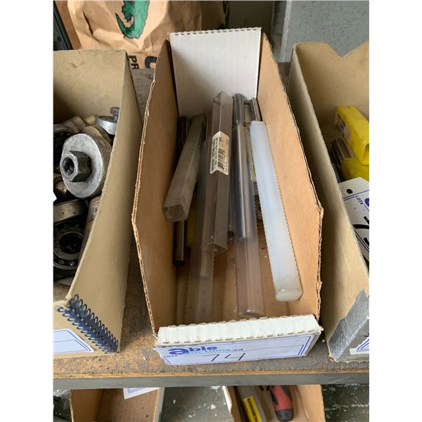 BOX OF MACHINIST TOOLS-ASSORTED REAMERS, COUNTER BORES AND BALL END MILLS