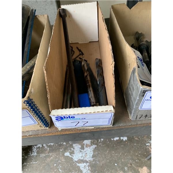 BOX OF MACHINIST TOOLS-ASSORTED DRILL BITS,1 BORING BAR AND PARTING BLADE