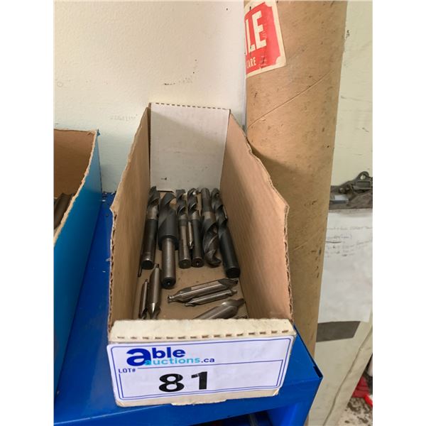 BOX OF MACHINIST TOOLS-ASSORTED 1/2" SHANK DRILL BITS & CENTER DRILLS
