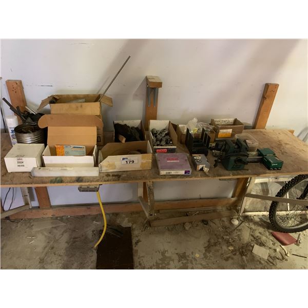 TABLE TOP OF ASSORTED SHOP TOOLS & MISCELLANEOUS- DRILL SHARPENER/BRUSHES/ETC/
