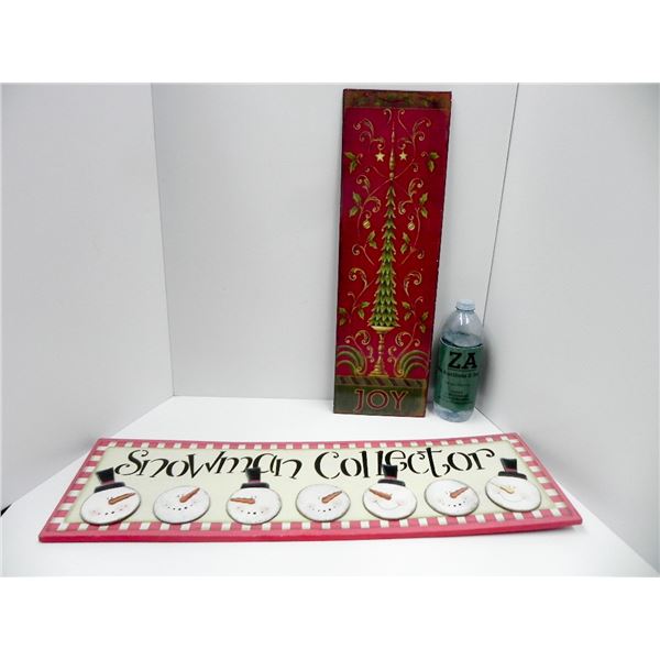 WOODEN SNOWMAN WALL DECOR AND METAL JOY WALL DECOR