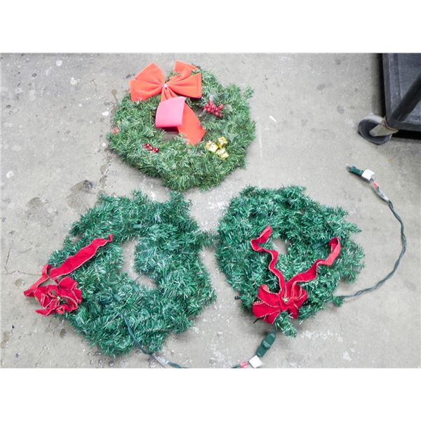 LOT 3 WREATHS, ALL 15 INCH. 2 LIGHT UP