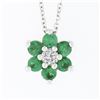 Image 2 : NEW 14k White Gold 0.83 ctw Diamond & Emerald Halo Flower Cluster Pendant Neckla