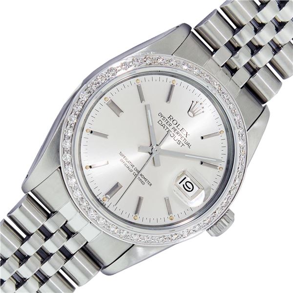 Rolex Mens Stainless Steel Silver Index Diamond Bezel Datejust  36MM