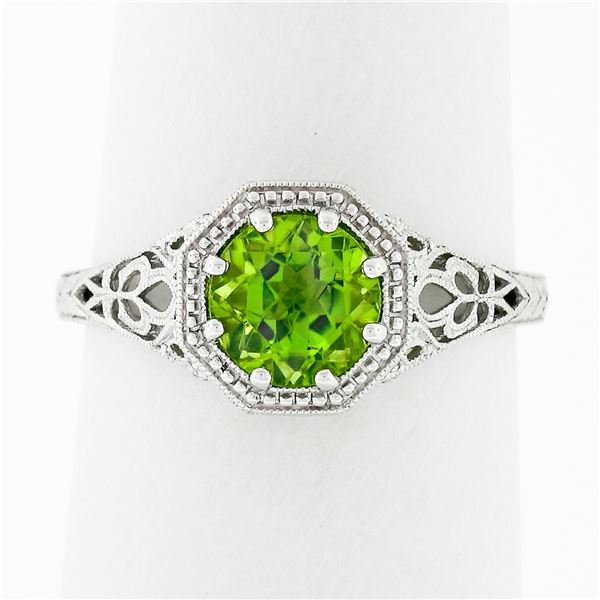NEW 14k White Gold 1.11 ctw Fine Filigree & Milgrain Work Peridot Solitaire Ring
