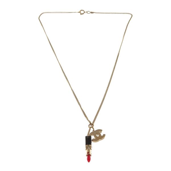 Chanel Gold-tone Metal Jeweled Lipstick CC Logo Pendant Necklace