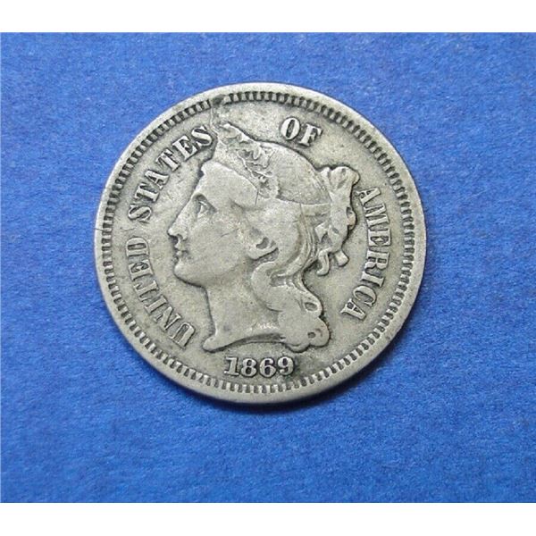 1869 CORONET HEAD NICKEL 3 CENT PIECE F12