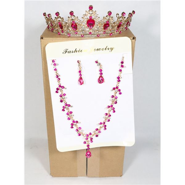 NEW GOLD TONE FUCHSIA AND CLEAR RHINESTONE BRIDAL