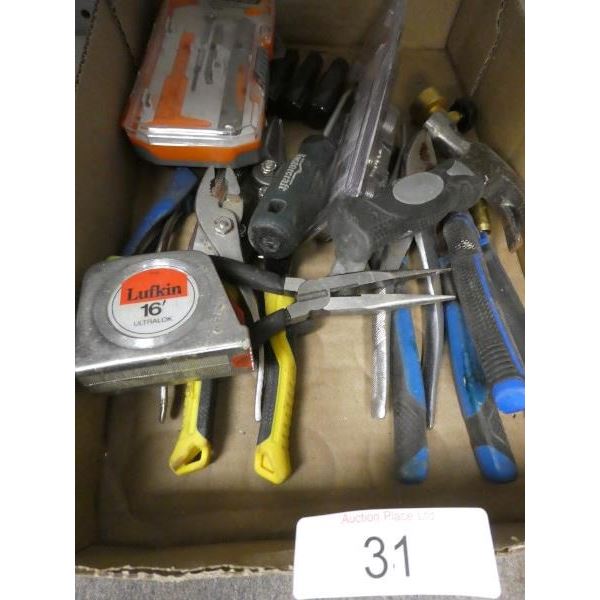 Assorted pliers, tape measure, finishing hammer,