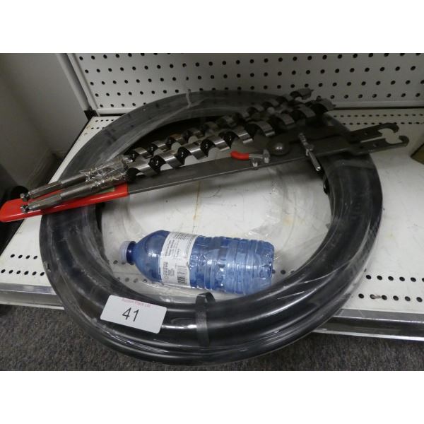 3 long augur bits, roll of black tubing, Fan