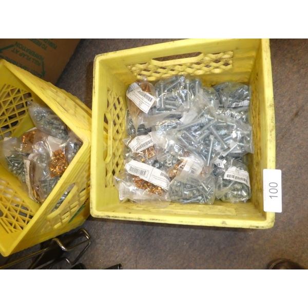 Assorted bolts,&  2 milk crates