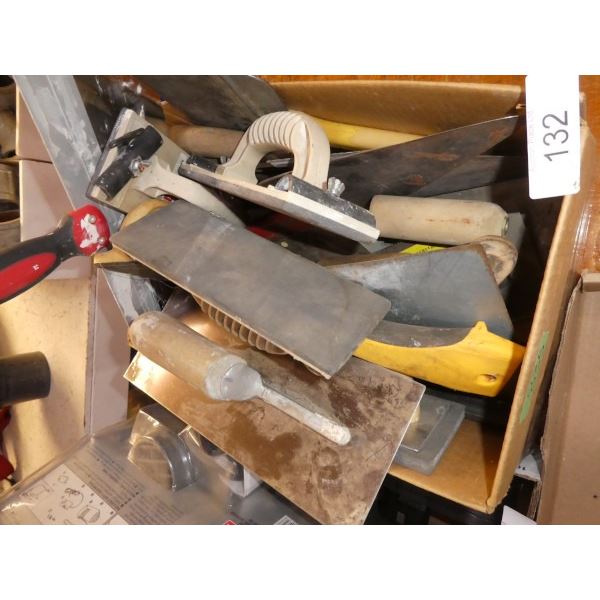Collection of trowels, hand sanders, paint