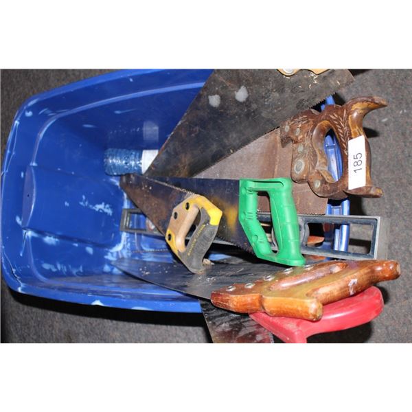 Assorted wood saws, level