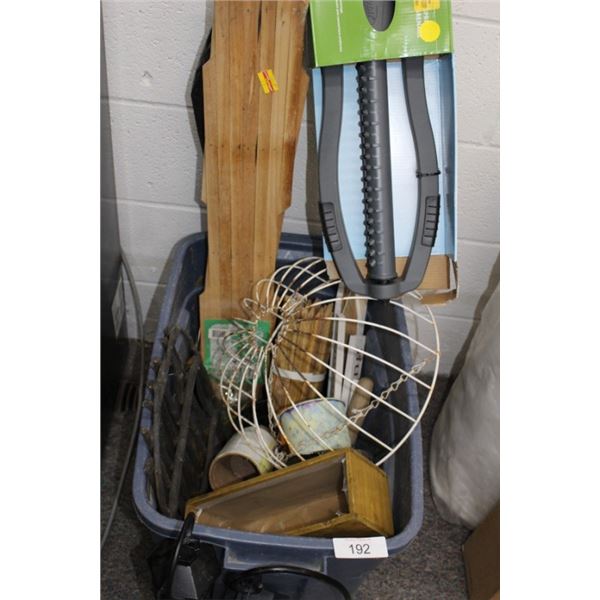 Lawn sprinkler, hanging baskets, wood signs,