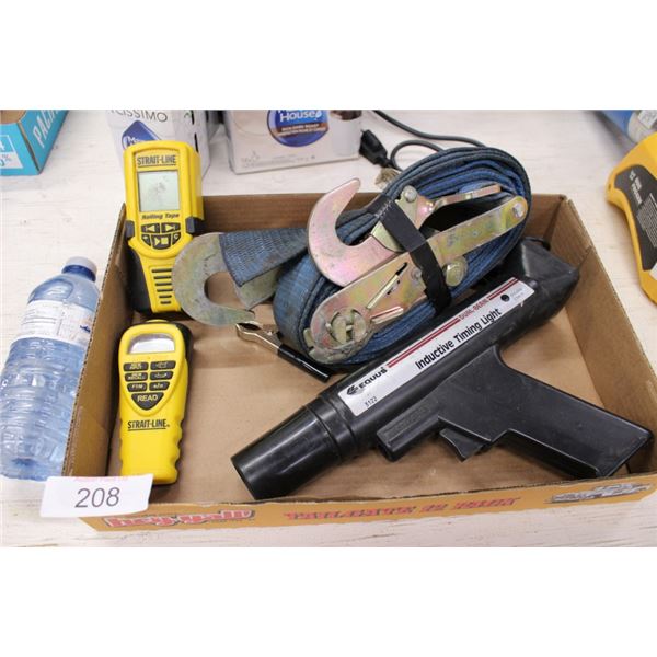 Timing light, ratchet strap, straight line tools