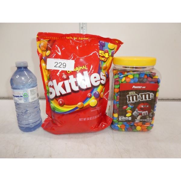 3 lb bag of skittles, 3 lb jar of M&Ms