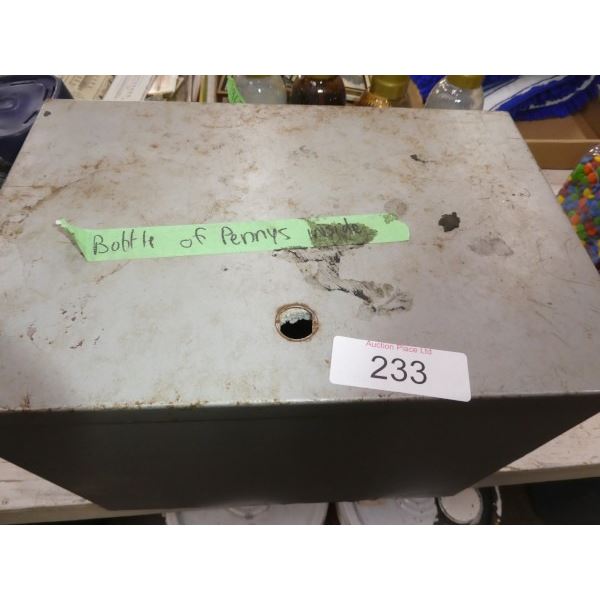 Metal box, 6 jars of pennies