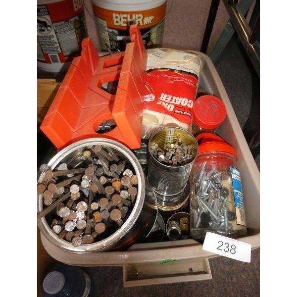Assorted nails & fasteners, miter box, paint