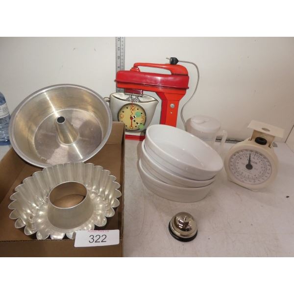 Cake mixer, cake pans, bowls, scale, service bell