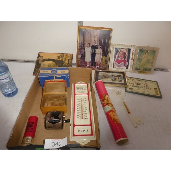 Thermometer, pencil sharpener, Framed pictures,