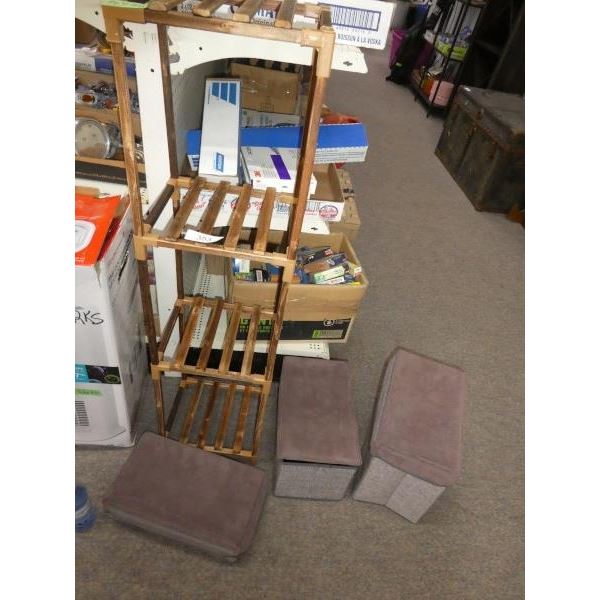 Wood shelf, fabric storage bins