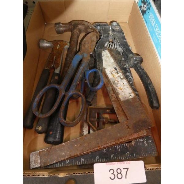 Hammers, rivet gun, carpenters squares, tin