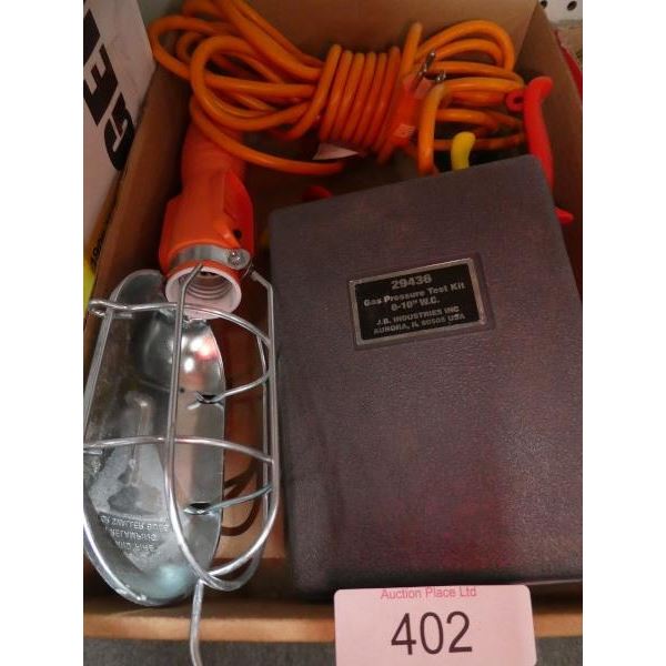 Gas pressure test kit, trouble light, tin snips