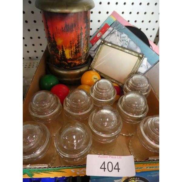 Round top glass jars, pool balls, christmas