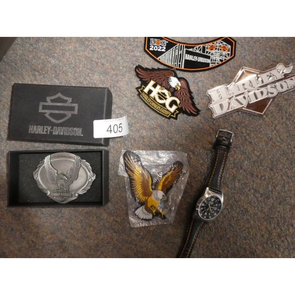Harley davidson patches, belt buckle, watch