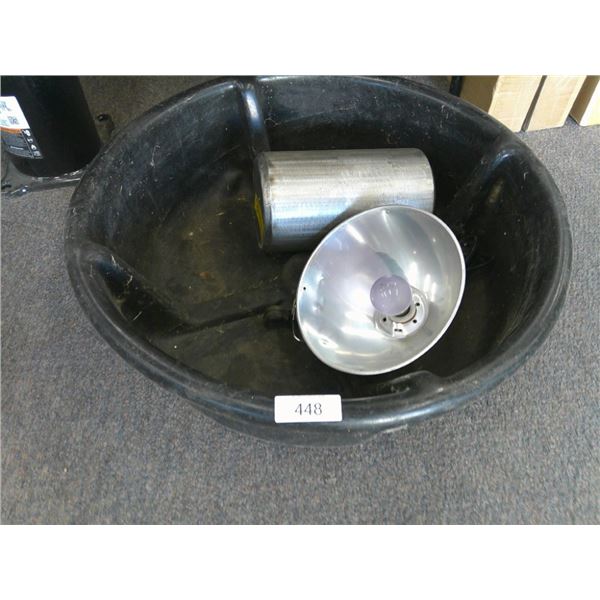 Basin, shop lamp, steel cannister